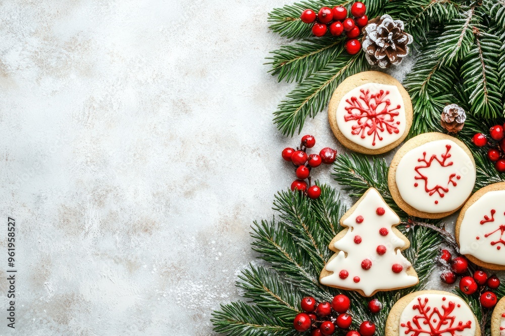 Christmas Cookies with Pine Branches and Red Berries Christmas Cookies with Pine Branches and Red Berries