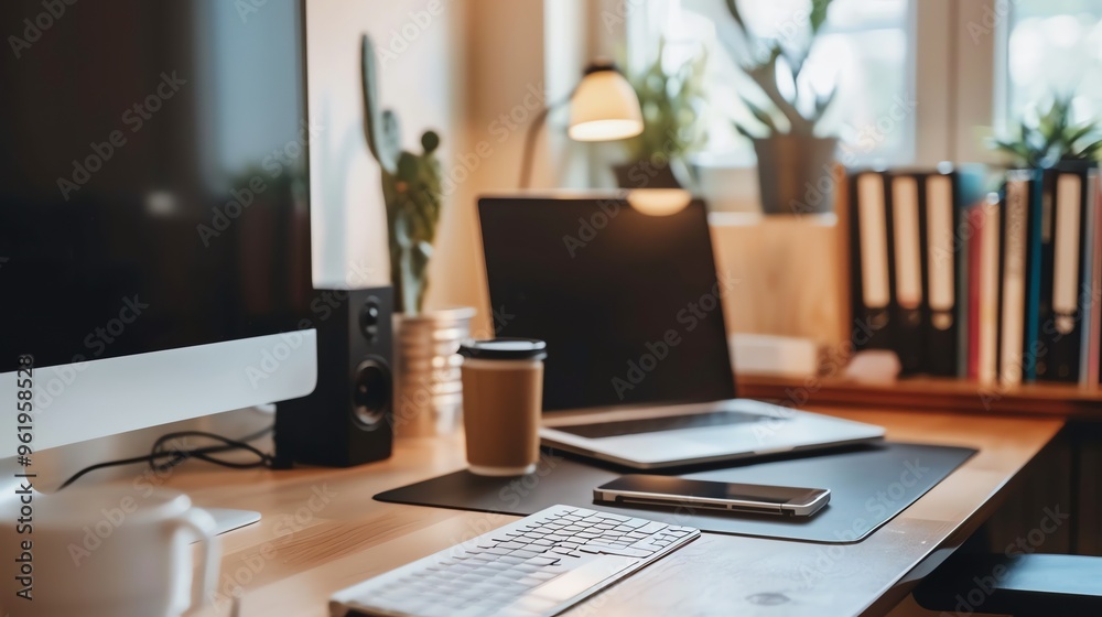 A desk with a laptop, a computer monitor, a phone, and a cup of coffee.