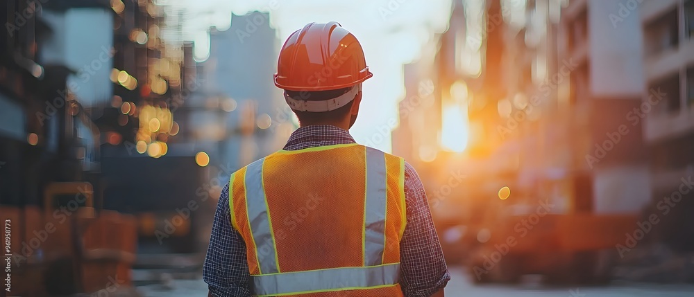 Construction worker wearing safety vest and helmet standing on active construction site with industrial machinery and cityscape backdrop with sunset photography concept with copy space for text Construction worker wearing safety vest and helmet standing on active construction site with industrial machinery and cityscape backdrop with sunset photography concept with copy space for text
