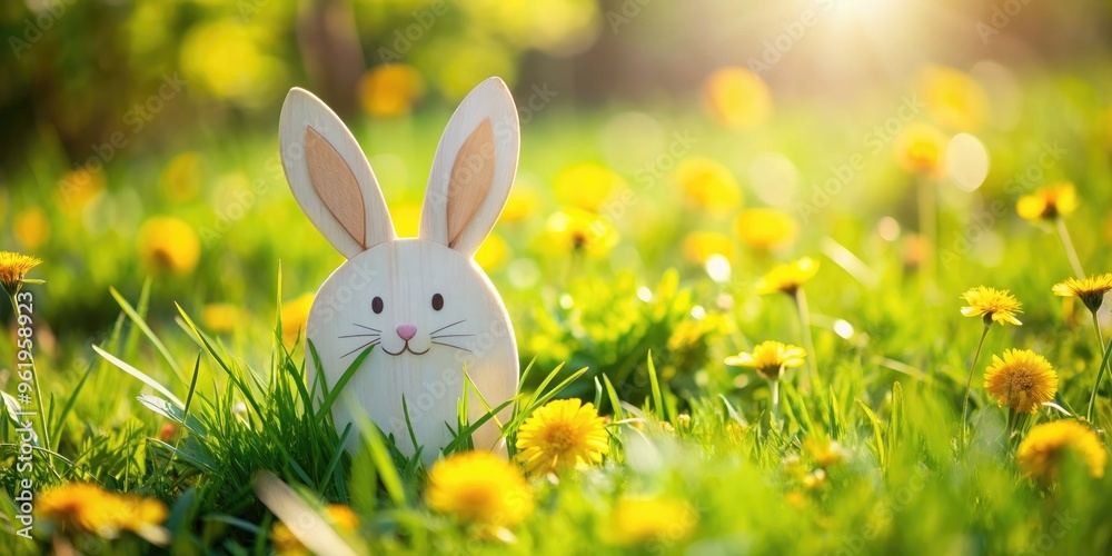 Cute paper bunny in grass with yellow flowers , bunny, grass, spring, paper cut out, cute, yellow flowers, decoration, craft Cute paper bunny in grass with yellow flowers , bunny, grass, spring, paper cut out, cute, yellow flowers, decoration, craft