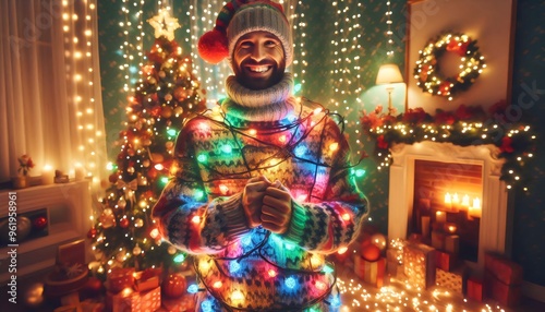 Holiday Vibes: Woman in Sweater and Beanie Covered in Twinkling Lights