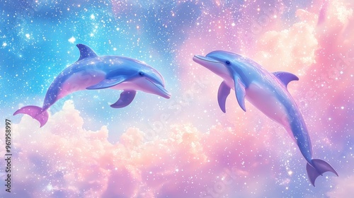 A vibrant 3D illustration of astral dolphins leaping through stardust, pastel isolated background, 100%