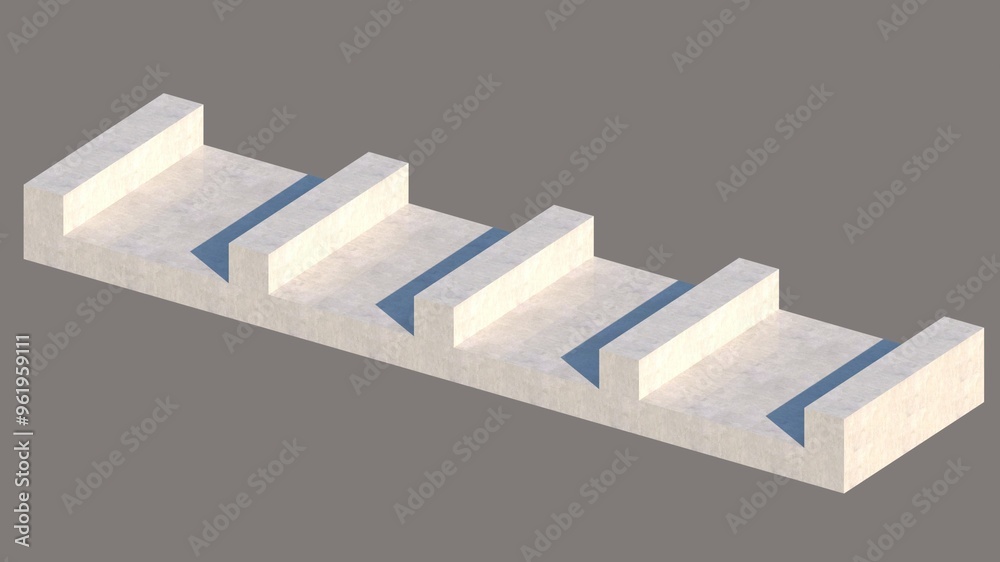 Fototapeta premium 3D axonometric detail of a 50cm concrete site foundation with a disconnected 60cm thick sloof, made of concrete and reinforced steel, as a foundation for a heavy-duty industrial structure