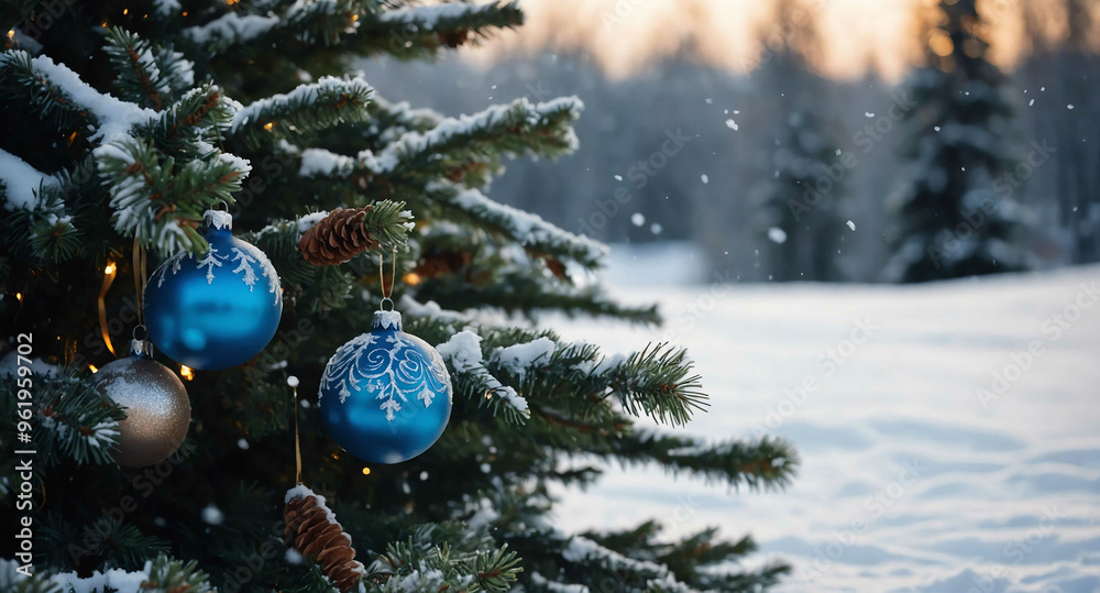 Decorated Christmas tree in snowy field background Decorated Christmas tree in snowy field background