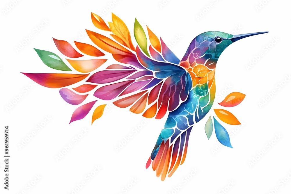 Obraz premium Vibrant, colorful hummingbird illustration with mosaic-style feathers, depicting beauty and nature on white background.