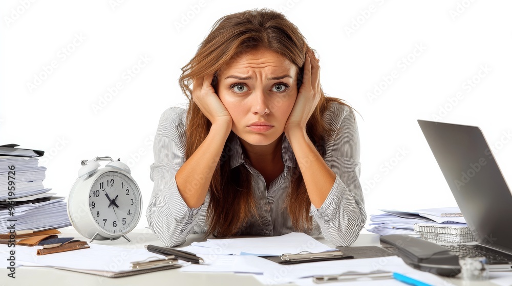 Stressed businesswoman at her desk. Stressed businesswoman at her desk.