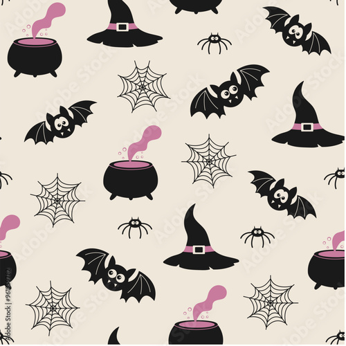 Halloween seamless pattern. Vector illustration of Halloween party. Cute bats, witch hat and cauldron with brew on light background. Holiday cartoon seamless pattern.