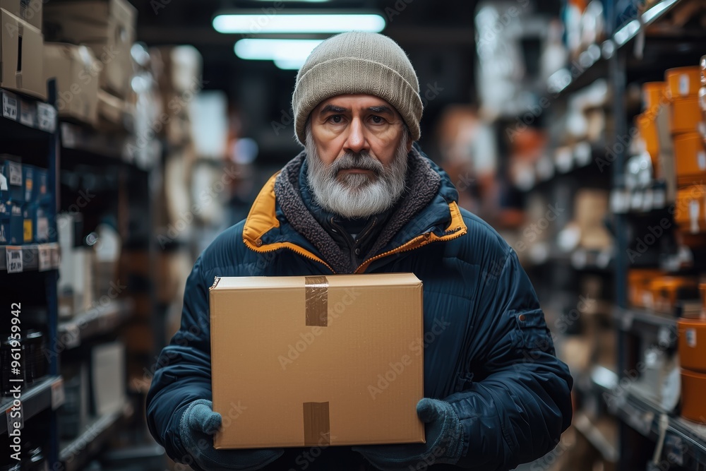 Serious Hardware Store Worker in Warehouse Holding Cardboard Box. Retail Management and Logistics Concept Serious Hardware Store Worker in Warehouse Holding Cardboard Box. Retail Management and Logistics Concept