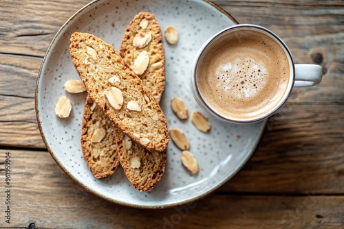 A plate of crunchy almond biscotti served alongside a cup of espresso on a wooden table