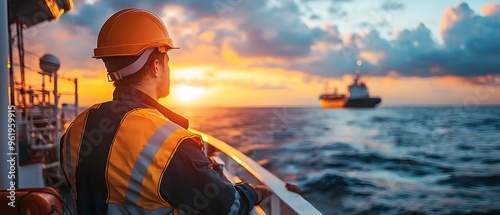 Maritime Business and Shipping Visualizing Effective Crew Management Aboard International Vessels During SunsetSunrise Seascape photo