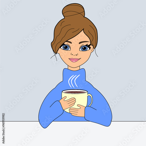 Nice beautiful girl with a cup of coffee vector illustration art cartoon lovely person