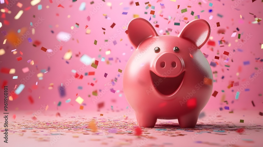 Overflowing piggy bank covered in colorful payday confetti symbolizing a financial windfall savings boost and overall prosperity The image conveys a sense of achievement success Overflowing piggy bank covered in colorful payday confetti symbolizing a financial windfall savings boost and overall prosperity The image conveys a sense of achievement success