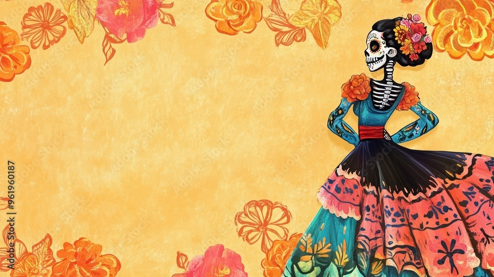 Fototapeta premium Elegant Catrina in colorful attire surrounded by flowers