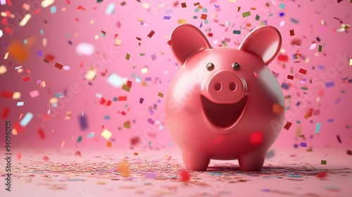 Overflowing piggy bank covered in colorful payday confetti symbolizing a financial windfall savings boost and overall prosperity  The image conveys a sense of achievement success photo