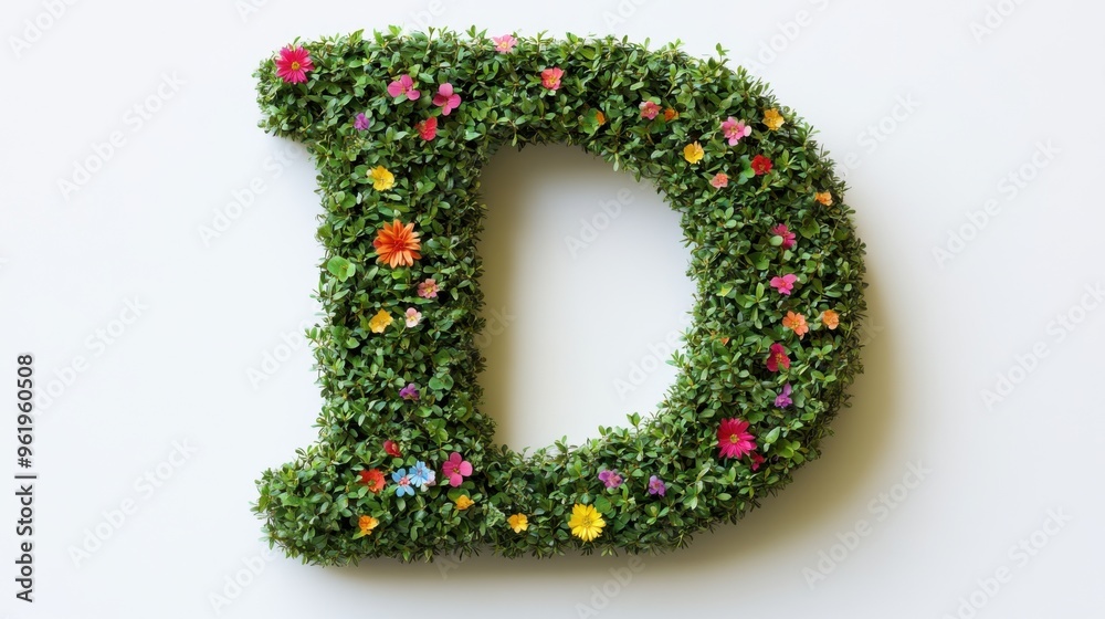 Illustration is an English letter, green bushes with pastel colored flowers on a white background. Cute style used in media design. It is a graphic image to help in design. Illustration is an English letter, green bushes with pastel colored flowers on a white background. Cute style used in media design. It is a graphic image to help in design.