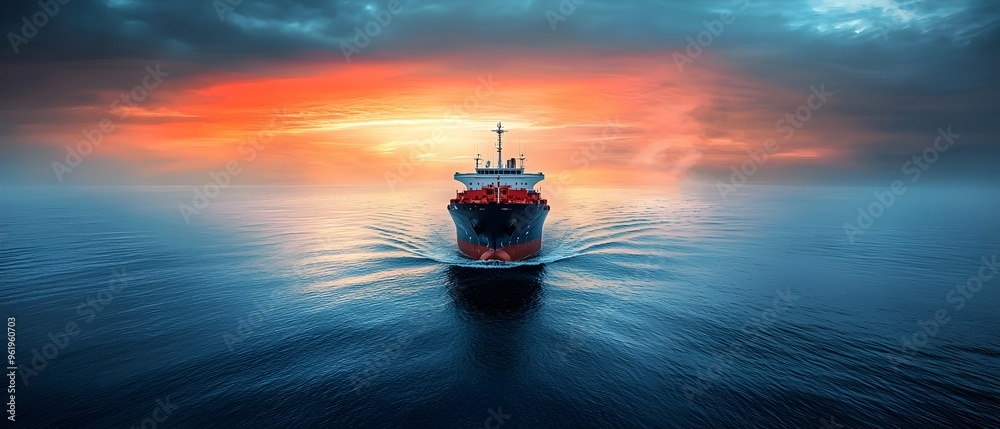 Fototapeta premium Dramatic sunset or sunrise over the open ocean with a large cargo ship or container vessel highlighting the importance of maritime safety and international shipping in global trade and logistics