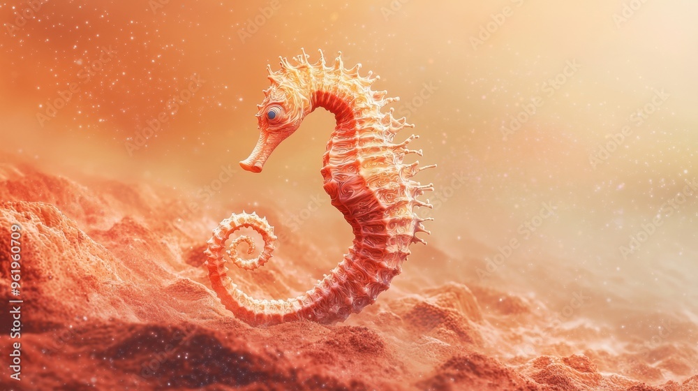A vibrant 3D illustration of a Martian seahorse gliding through red planet dust, pastel isolated background, 100% A vibrant 3D illustration of a Martian seahorse gliding through red planet dust, pastel isolated background, 100%