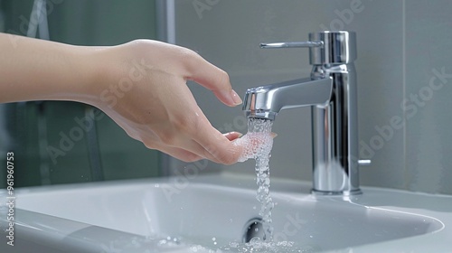Hand turning off a water faucet to conserve water