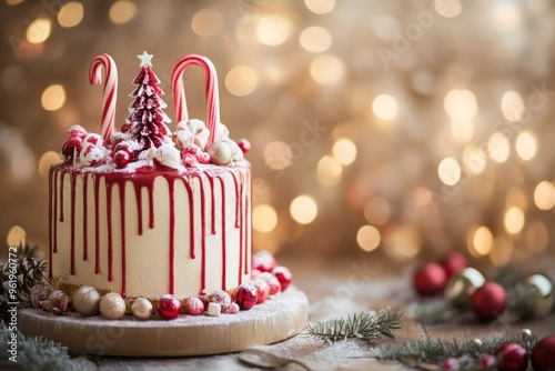 Festive Christmas Cake with Candy Canes and Red Decorations photo