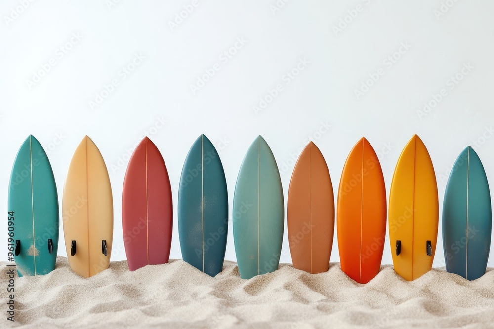 Various brightly colored small surfboards on sand with a white backdrop Various brightly colored small surfboards on sand with a white backdrop
