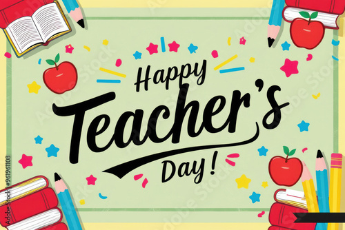 Happy teachers day illustration with school equipment for poster, brochure, banner and greeting card. AI generated