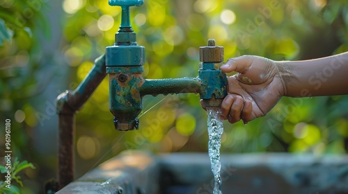 Hand turning off a water faucet to conserve water
