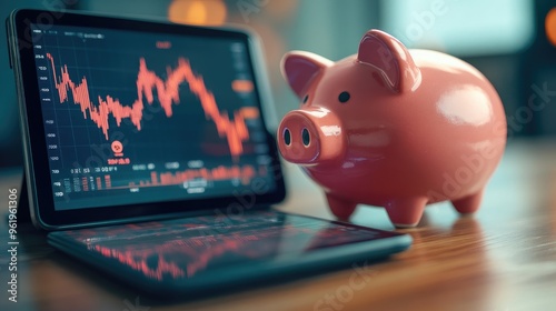 Piggy bank with a digital tablet showing a fluctuating cryptocurrency market, symbolizing digital investments.