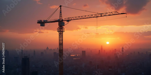 A towering construction crane stands tall against the backdrop of a city skyline bathed in the warm, golden light of sunset