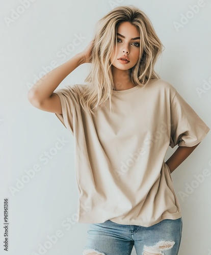woman ripped jeans shirt posing slim beige city see covered huge breasts profile wearing baggy drapes tunic influencer tanned nest malt
