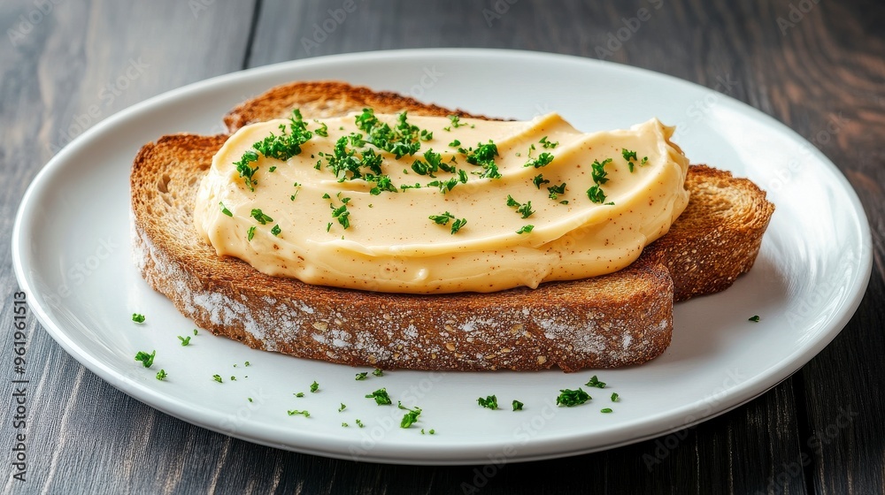 Delicious toasted bread topped with creamy spread and fresh herbs, perfect for a gourmet snack or breakfast. Delicious toasted bread topped with creamy spread and fresh herbs, perfect for a gourmet snack or breakfast.