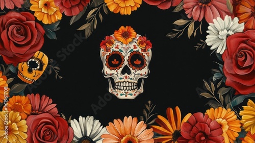 Sugar skull framing rose and daisy background in black