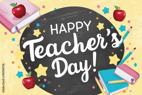 Happy teachers day illustration with school equipment for poster, brochure, banner and greeting card. AI generated