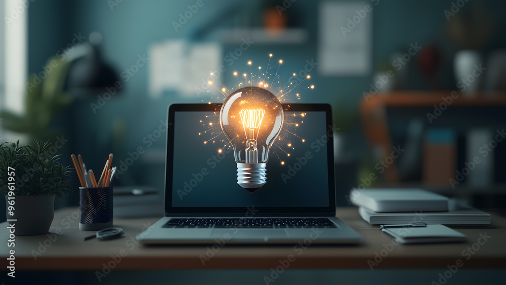 Floating light bulb on laptop showing technology innovation and startup concept. Business idea and innovation concept