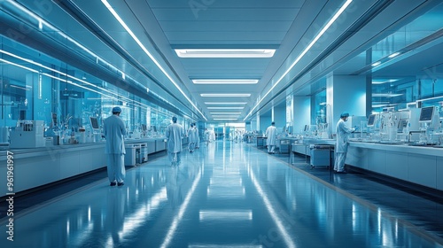 Modern sterile laboratory corridor with people in white coats