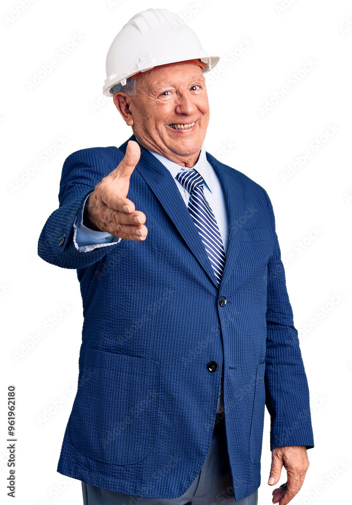 Senior handsome grey-haired man wearing suit and architect hardhat smiling friendly offering handshake as greeting and welcoming. successful business. Senior handsome grey-haired man wearing suit and architect hardhat smiling friendly offering handshake as greeting and welcoming. successful business.