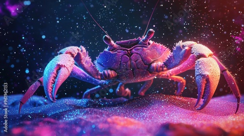 A vibrant 3D illustration of a nebula crab walking on stardust, pastel isolated background, 100% photo