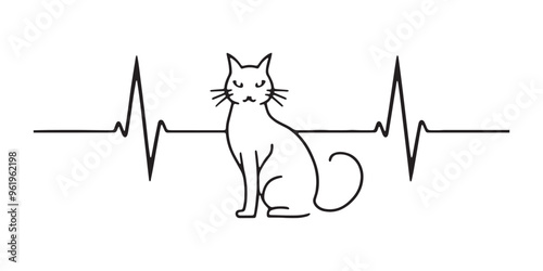 Minimalist cat silhouette with heartbeat EKG line in black and white for veterinary healthcare design