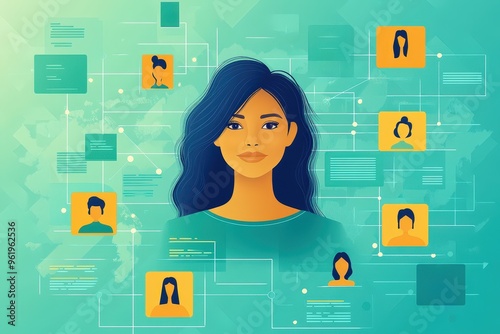 Connected Woman: A young woman with long blue hair, standing out as the central figure against a background of connected digital profiles, illustrating the power of online connections and building a s photo