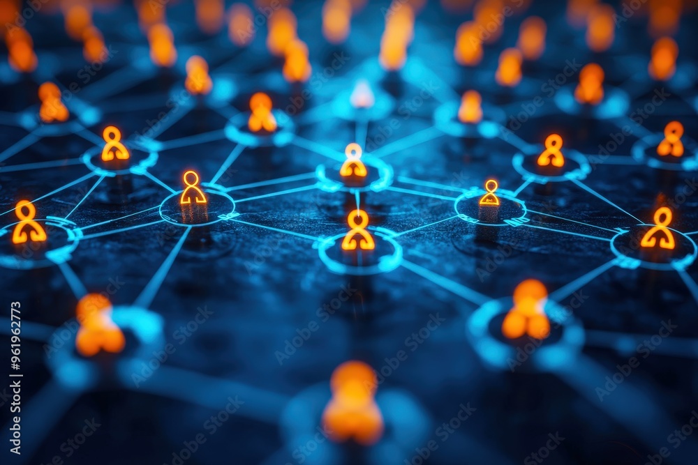 Interconnected Network: A digital network of interconnected people, glowing with orange light, symbolizes the power of relationships, collaboration, and global connections. Interconnected Network: A digital network of interconnected people, glowing with orange light, symbolizes the power of relationships, collaboration, and global connections.