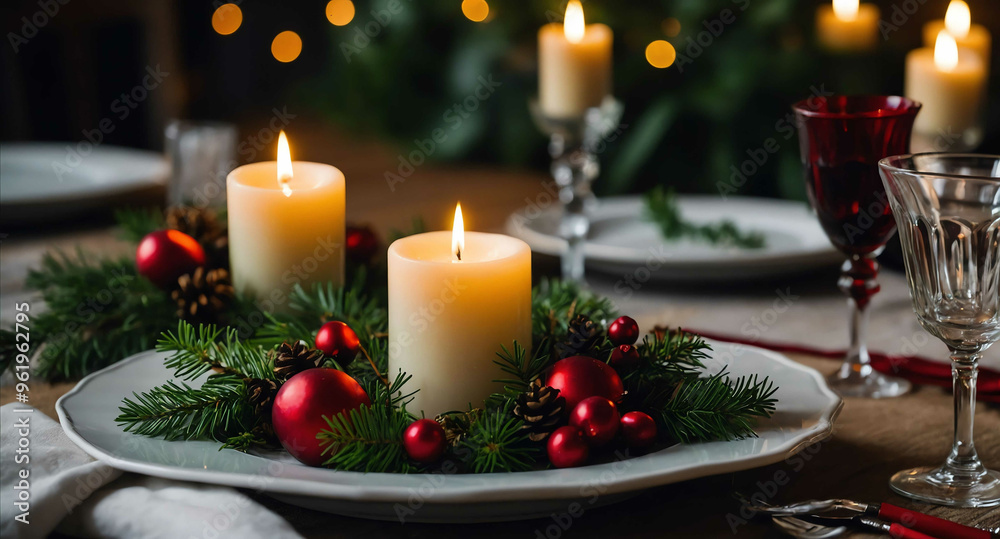 Festive table setting with candles and greenery background Festive table setting with candles and greenery background