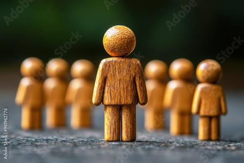 Wooden Figures: Leading the Way: A conceptual image of wooden figures representing leadership, guidance, and direction. The figure in the front stands tall, guiding the others forward, symbolizing a s photo