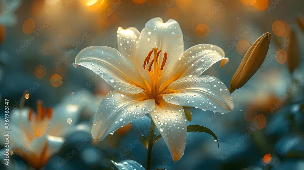 White Lily Flower with Dew Drops and Bokeh Background - Photography
