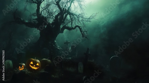 Dark, eerie graveyard with glowing pumpkins at night.