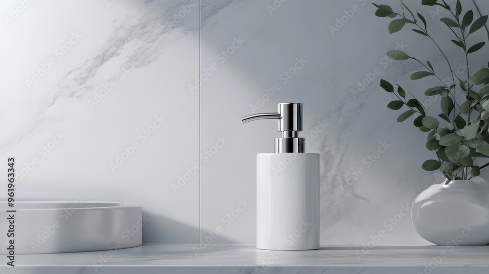 White Soap Dispenser on Marble Countertop. White Soap Dispenser on Marble Countertop.