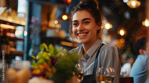 A professional and charming hostess greeting guests at a high-end restaurant