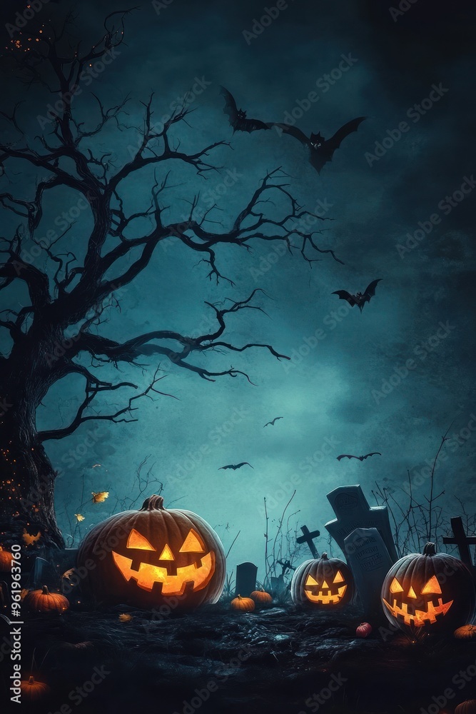 Eerie graveyard with jack-o-lanterns and haunted trees. Eerie graveyard with jack-o-lanterns and haunted trees.