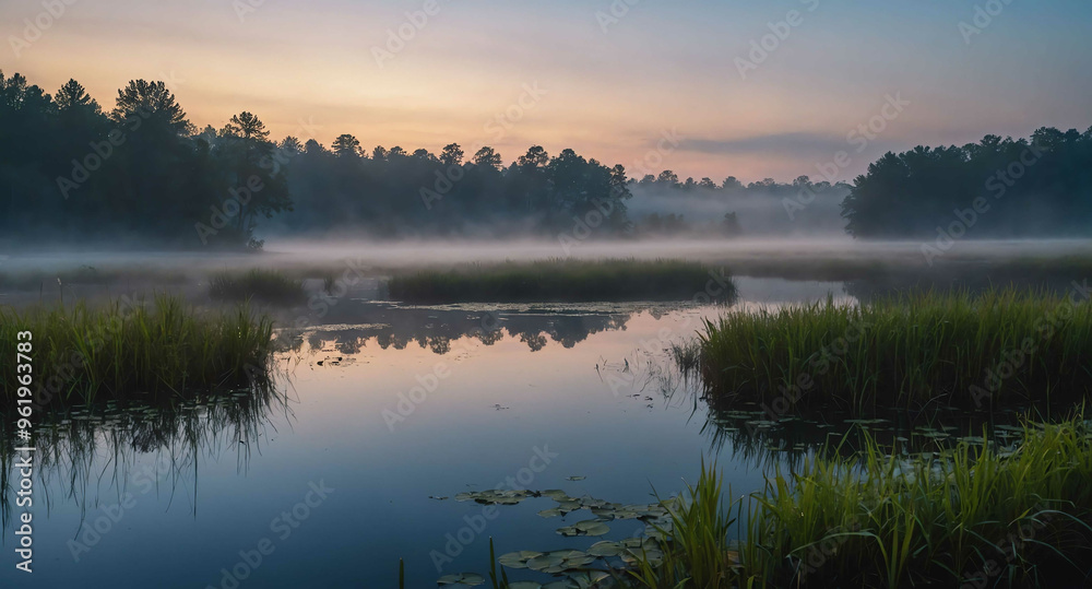 Fog rising from eerie pond at dusk background Fog rising from eerie pond at dusk background