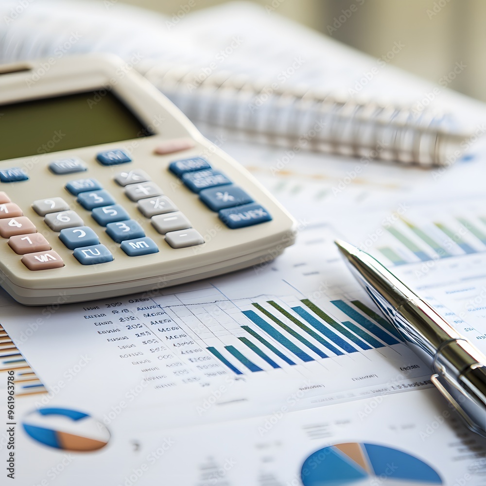 Calculator, pen, and financial graphs on a newspaper for business analysis Calculator, pen, and financial graphs on a newspaper for business analysis