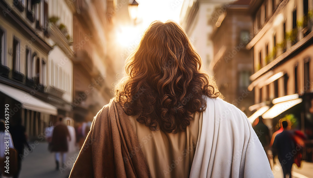 Obraz premium Jesus Christ walking in a city street, viewed from behind. _1(631)