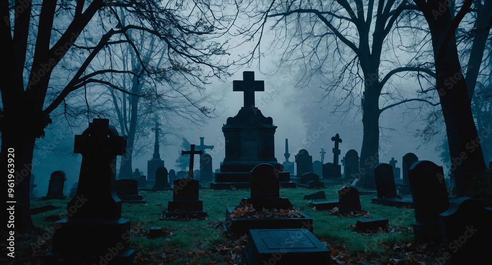 Fototapeta premium Foggy dark graveyard shapes abstract background